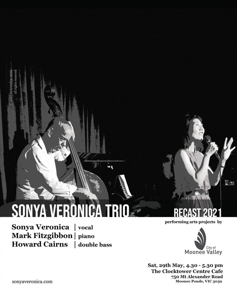 A vocalist on stage performing with a double bassist and a pianist on stage. Below the image, information of the performance and the performers' names as presented in the text