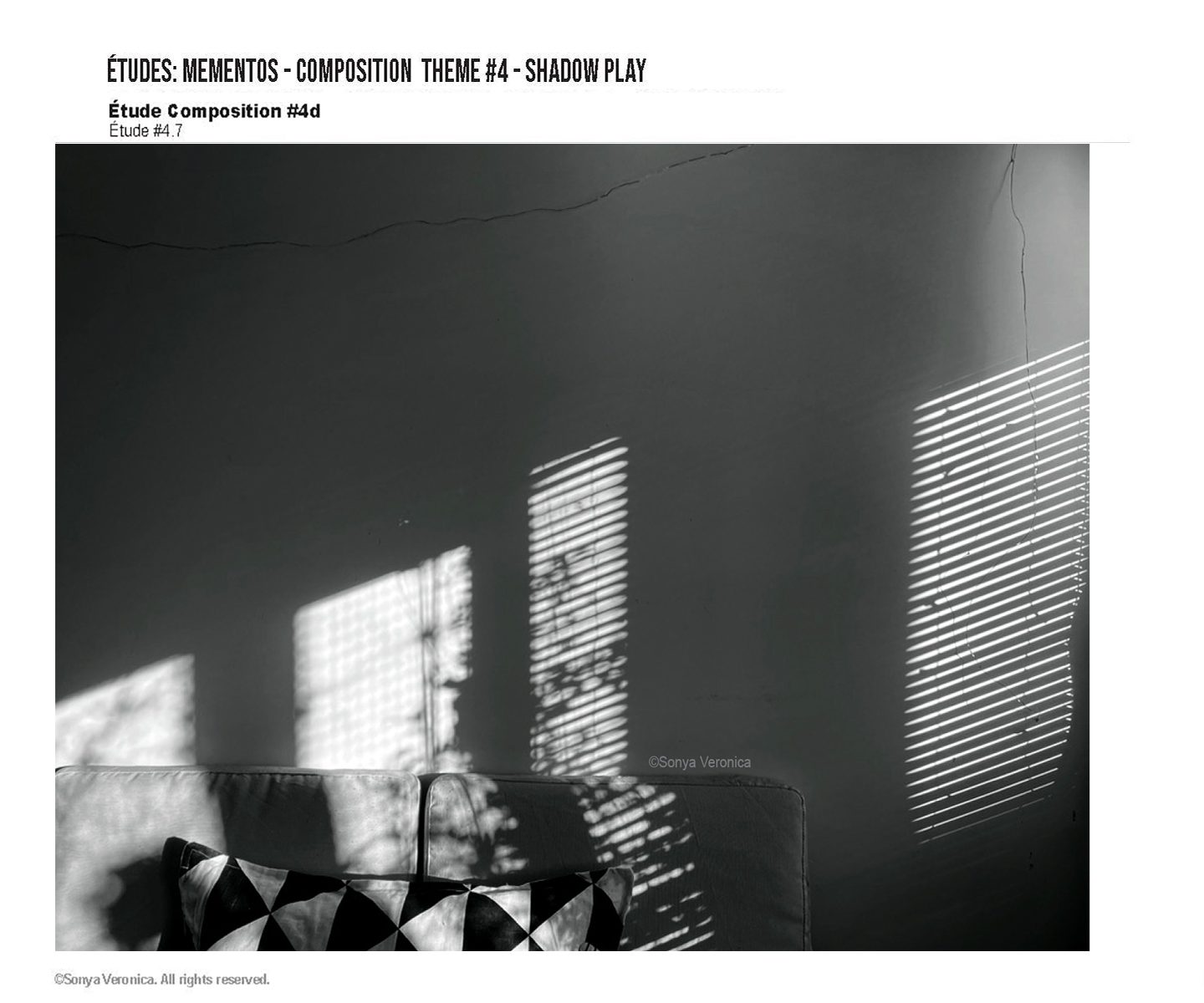 A black and white photographic composition depicting mid morning sun shadows from the nearby windows and their venetian blinds fallen over the different planes of cushions of the sofa sitting perpendicular to the window.