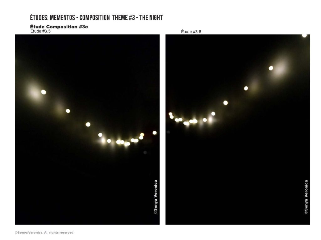 Photographic images of curves of lights taken during the nights. There are 2 images composed to be side by side showing the illusion of the curves continuing.