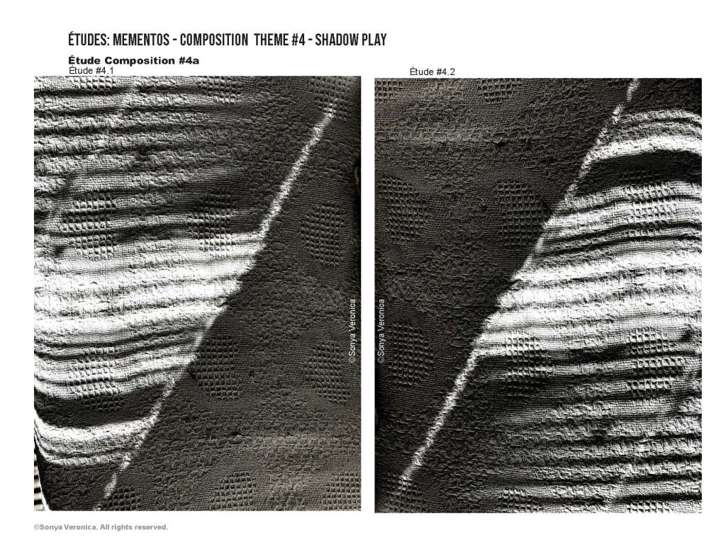 Two photographic images of shadow casting onto a materials. The pictures were framed and angled in certain way that it cast questions which one is the shadow and which one is the textures.